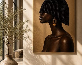 African Beaded Portrait Print, Black Woman Art, Neutral Beige Afrocentric Decor