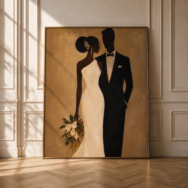 Afrocentric Wedding Couple Art, Elegant Black Bride Groom Print, Modern Neutral Decor