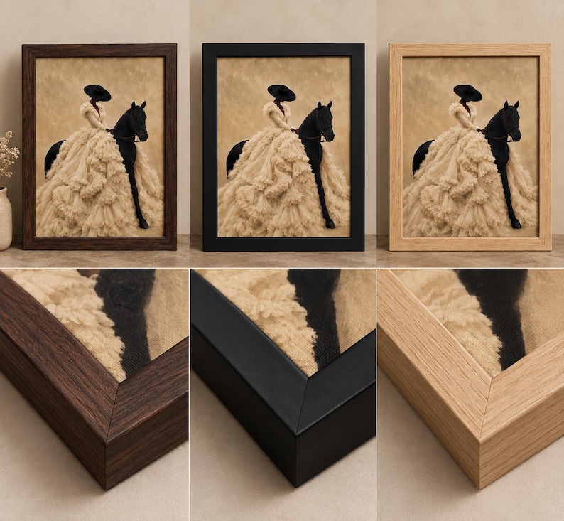 May include: A framed wall art print featuring a figure in a voluminous cream-colored ruffled gown and a wide-brimmed black hat riding a black horse. The artwork is available in three distinct frame finishes: dark wood, matte black, and light oak.