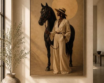 May include: A framed wall art print featuring a person wearing a wide-brimmed straw hat and a beige linen-style jumpsuit, standing beside a black horse. The background is a solid tan colour with a large, pale yellow circle positioned behind the subject.