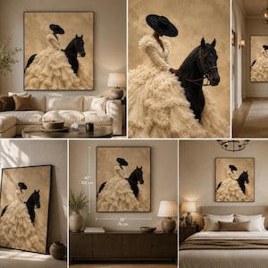 May include: A framed wall art print depicting a person in a voluminous cream-colored ruffled gown and a wide-brimmed black hat riding a black horse. The artwork is shown in various room settings with dimensions of 30 inches by 40 inches clearly labeled.