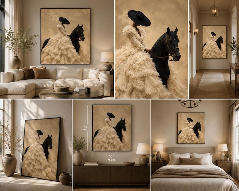 May include: A framed wall art print depicting a person in a voluminous cream-colored ruffled gown and a wide-brimmed black hat riding a black horse. The artwork is shown in various room settings with dimensions of 30 inches by 40 inches clearly labeled.