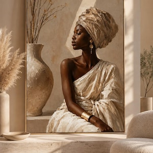 Afrikaanse vrouw kunst aan de muur, neutraal boho schilderij, minimalistisch beige decor, zwarte vrouw poster