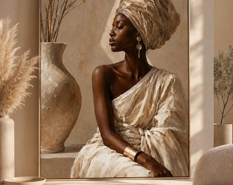 Arte mural de mujer africana, pintura bohemia neutra, decoración minimalista beige, póster de mujer negra