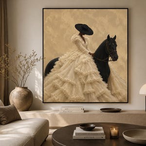 May include: A square wall art print featuring a person wearing a wide-brimmed black hat and a voluminous, tiered cream-colored ruffled gown, mounted on a black horse. The background is a textured, muted beige color with a soft, painterly finish.
