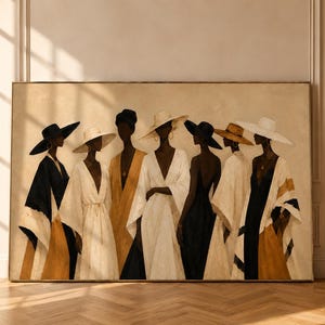 Op de afbeelding: Een rechthoekige wandkunstprint met een groep van zeven figuren die hoeden met brede randen en vloeiende kleding dragen in een palet van zwart, wit en mosterdgeel tegen een neutrale beige achtergrond.