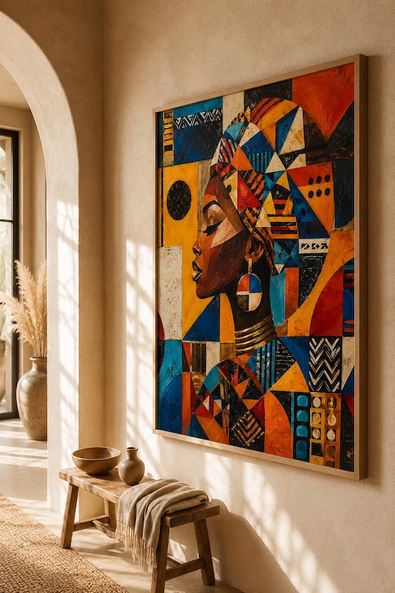 Geometric African Portrait Wall Art, Colorful Afrocentric Decor, Abstract Statement Piece