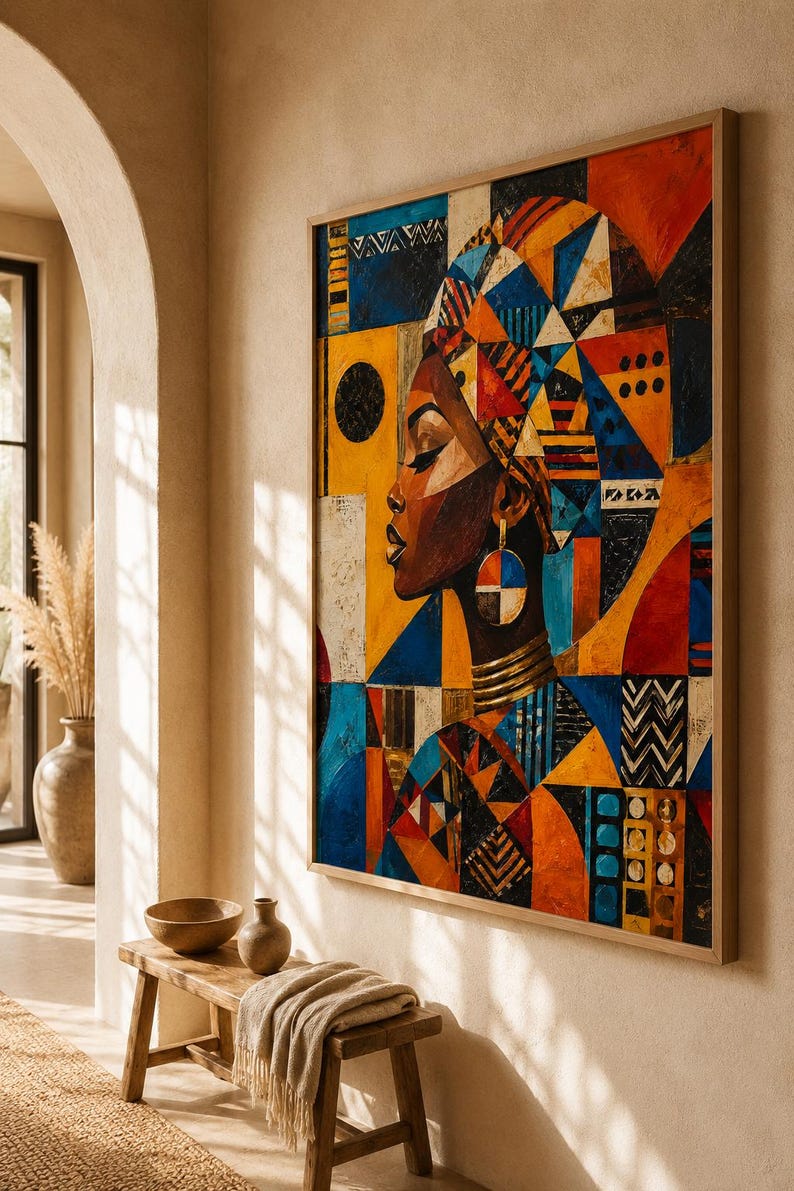 May include: A framed abstract painting depicting a woman's profile with a patterned head wrap and jewellery. The artwork uses geometric shapes and a vibrant palette of orange, blue, yellow, and black. The painting is displayed in a well-lit room.