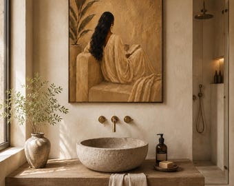 African Woman Reading Wall Art, Minimalist Afrocentric Painting, Neutral Beige Decor