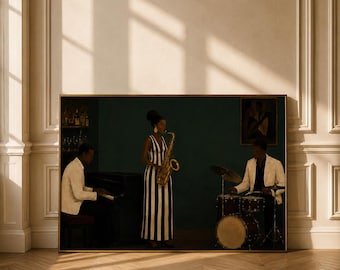 Afro Jazz Band Print, Saxophonist Piano Drummer, African American Art Poster