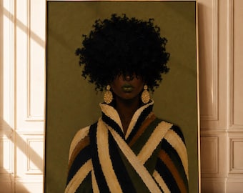 May include: A framed portrait painting featuring a person with dark skin and a large afro hairstyle covering their eyes. The person wears large gold textured oval earrings and a high-collared wrap garment with thick diagonal stripes in cream, black, brown, and olive green.