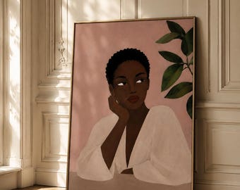 Black Woman Portrait Print, Afrocentric Feminine Wall Art, Blush Pink Background