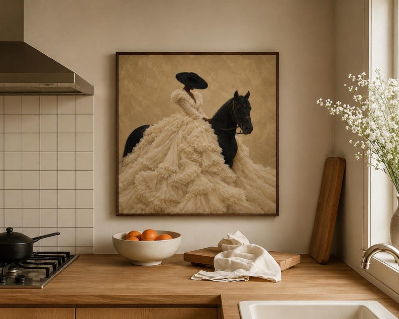 May include: A square framed wall art print featuring a person wearing a wide-brimmed black hat and a voluminous, layered cream-colored ruffled gown, mounted on a black horse against a textured beige background, displayed in a kitchen setting.