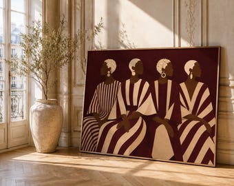 Könnte beinhalten: Ein rechteckiger Wandkunstdruck mit vier Figuren im Profil, die jeweils ein langes Kleidungsstück mit kräftigen burgunderroten und cremefarbenen Streifen tragen. Die Figuren haben kurzes, strukturiertes Haar und goldene Ohrringe.