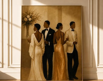 May include: A framed wall art print depicting four figures in formal attire at a social gathering. Two individuals wear dark suits with bow ties, while two others wear floor-length gowns in cream and gold tones, all holding glasses.