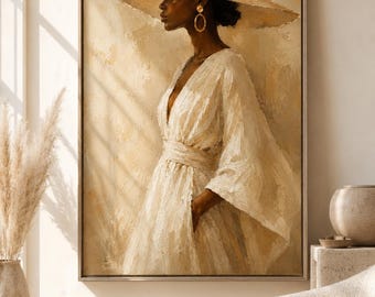 Puede incluir: Pintura al óleo de una persona con un vestido color crema y un sombrero de ala ancha. La obra de arte está enmarcada y colgada en una pared. La persona lleva pendientes de aro dorados. La pintura está en una habitación con luz natural.