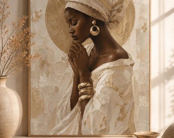 May include: An art print of a woman in a white head wrap and dress, with gold jewelry. The painting has a gold halo and a textured, neutral background. The woman has her hands clasped in prayer.