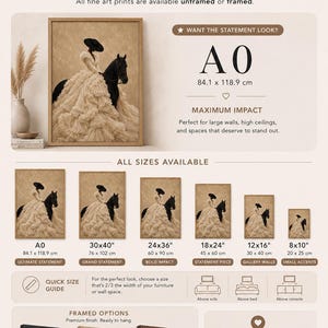 May include: A size guide infographic for fine art prints featuring a person in a ruffled gown on a black horse. It lists sizes from 8x10 inches to 84.1x118.9 cm, shows framed options in black, oak, and dark wood, and includes placement suggestions.