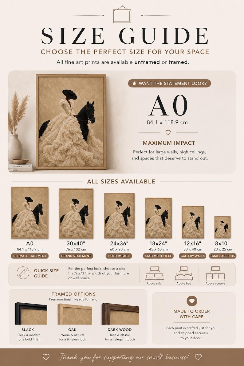 May include: A size guide infographic for fine art prints featuring a person in a ruffled gown on a black horse. It lists sizes from 8x10 inches to 84.1x118.9 cm, shows framed options in black, oak, and dark wood, and includes placement suggestions.