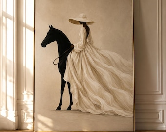May include: A framed wall art print featuring a painting of a person wearing a wide-brimmed hat and a long, flowing cream-colored gown while riding a solid black horse. The artwork is set against a neutral beige background with a thin gold frame.