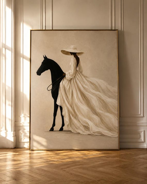 Afrocentric Horse Wall Art, Black Woman Equestrian Print, African Contemporary Painting, Neutral Decor