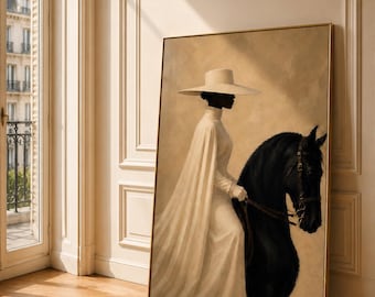 May include: A framed rectangular wall art print featuring a painting of a figure in a long white gown and a wide-brimmed hat riding a black horse. The figure is shown in profile against a neutral beige background, with the horse wearing a dark bridle.