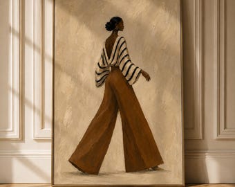 Black Woman Fashion Art Print, Striped Top, Wide-Leg Trousers, Neutral Wall Decor