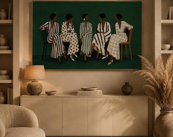 May include: A rectangular wall art print featuring five figures seated in a row against a dark green background. The figures wear long dresses with various black and white patterns, including vertical stripes, polka dots, and a grid check design.