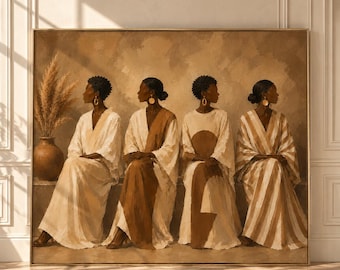 May include: A framed wall art print depicting four individuals seated in a row, wearing flowing white and brown garments with gold hoop earrings. To the left, a ceramic vase holds dried pampas grass. The color palette consists of neutral earth tones.