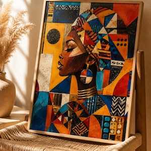 May include: A framed art print depicting a woman in profile, adorned with a patterned head wrap and jewellery. The artwork employs geometric shapes and a vivid colour scheme of orange, blue, yellow, and brown. The print is displayed on a wooden chair.