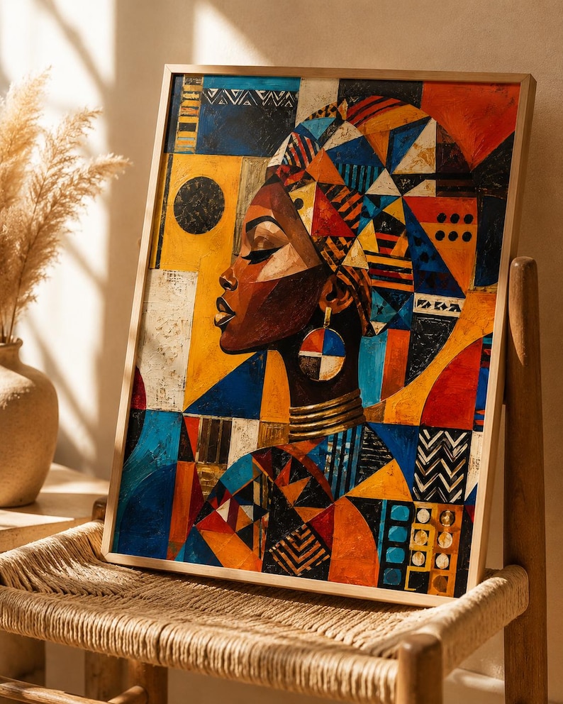 May include: A framed art print depicting a woman in profile, adorned with a patterned head wrap and jewellery. The artwork employs geometric shapes and a vivid colour scheme of orange, blue, yellow, and brown. The print is displayed on a wooden chair.