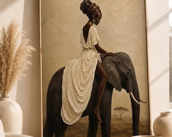 African Woman Elephant Safari Canvas Print, Afrocentric Melanin Beauty Artwork