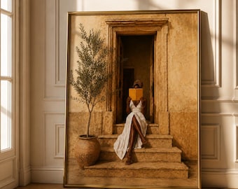 African Woman Reading Wall Art, Neutral Boho Home Decor Print