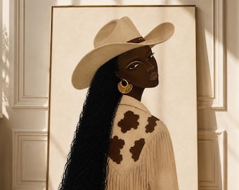 May include: A framed wall art print featuring a portrait of a person with long black hair wearing a beige cowboy hat, gold hoop earrings, and a beige jacket with brown cow-print patches on the shoulders and long fringe detailing along the back.