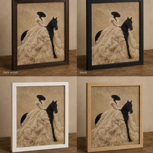 May include: A set of four framed wall art prints featuring a person in a voluminous cream-colored ruffled gown and a wide-brimmed black hat riding a black horse. The frames are available in dark wood, black, white, and natural wood finishes.