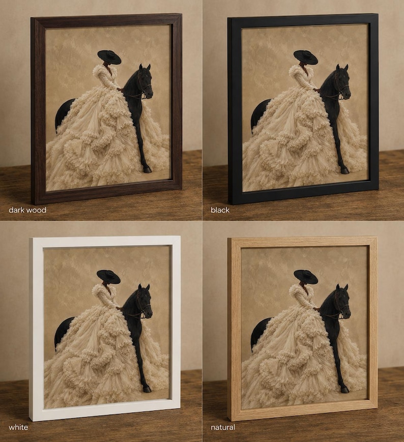 May include: A set of four framed wall art prints featuring a person in a voluminous cream-colored ruffled gown and a wide-brimmed black hat riding a black horse. The frames are available in dark wood, black, white, and natural wood finishes.