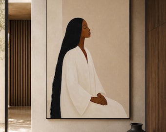 May include: A large rectangular wall art print featuring a painting of a person with long black hair wearing a white robe. The person is shown in profile against a neutral beige background. The artwork is framed in a thin black border.