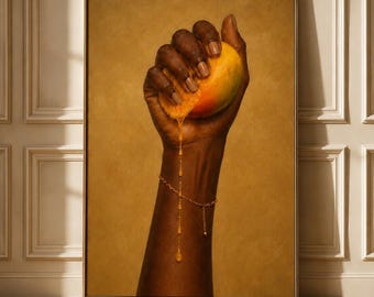 Hand Squeezing Mango Wall Art, Contemporary African Fruit Print, Neutral Kitchen Decor