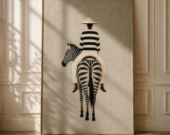 Afrocentric Zebra Art Print, Black Woman Riding Zebra, Neutral Safari
