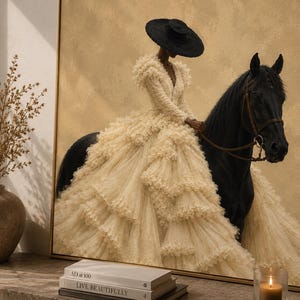 May include: A framed wall art print depicting a person wearing a wide-brimmed black hat and a voluminous, tiered cream-colored ruffled gown, riding a black horse. The artwork is displayed on a surface with a vase of dried branches and books.