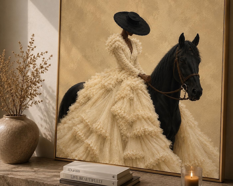 May include: A framed wall art print depicting a person wearing a wide-brimmed black hat and a voluminous, tiered cream-colored ruffled gown, riding a black horse. The artwork is displayed on a surface with a vase of dried branches and books.