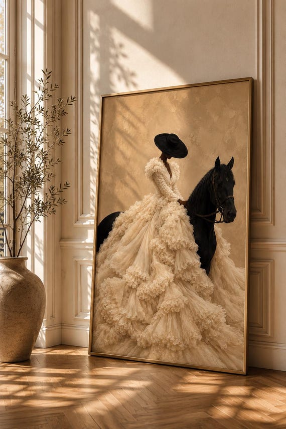 Afrocentric Horse Rider Print, Black Woman Fashion Art, Neutral Equestrian Decor