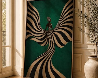 May include: A framed rectangular wall art print featuring a stylized figure wearing a long, flowing gown with bold black and beige vertical stripes that fan out like wings against a deep, solid emerald green background with a textured finish.