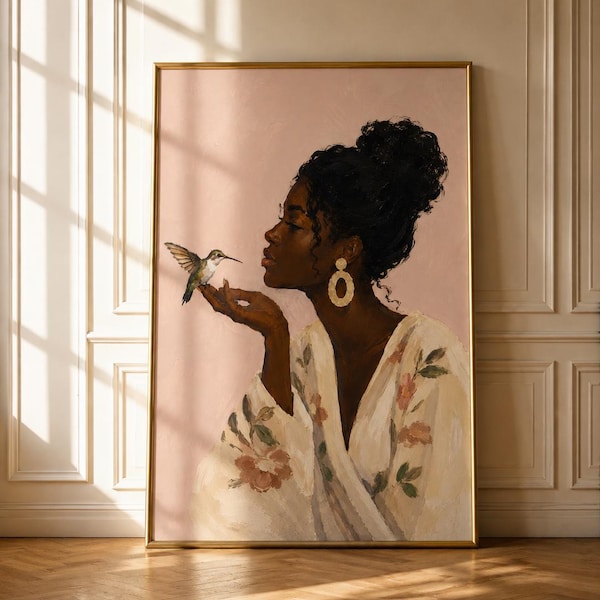 Black Woman Hummingbird Art Print, Elegant Floral Painting, Neutral Luxury Decor