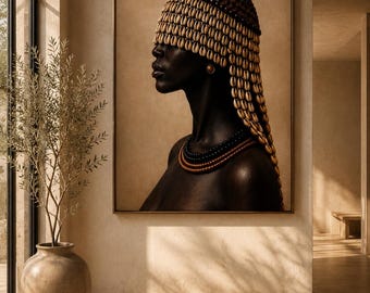 May include: A rectangular framed wall art print featuring a profile portrait of a person with dark skin, wearing a headpiece adorned with numerous small, light-coloured shells and a layered necklace made of dark and copper-toned beads.