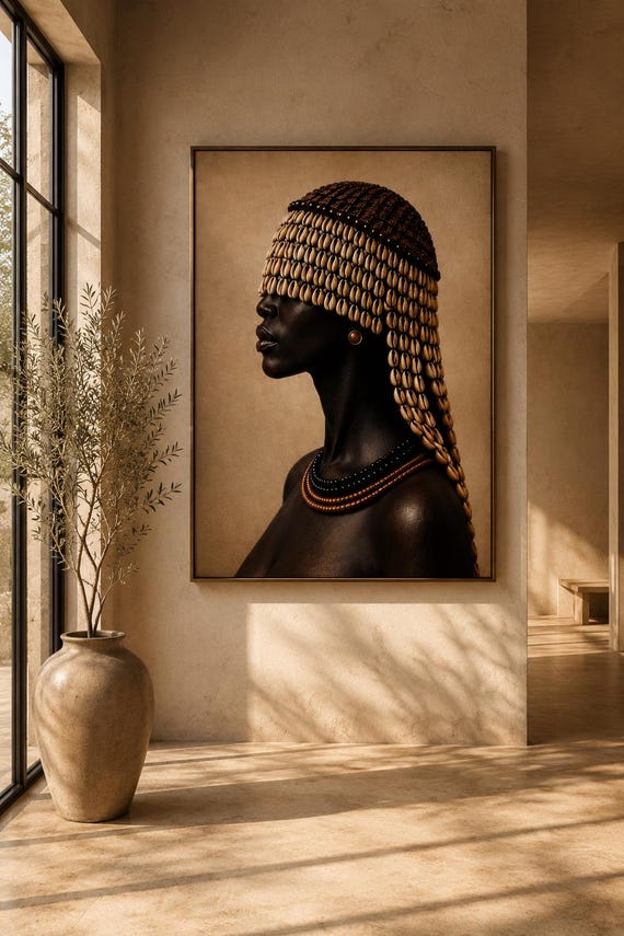 Afrocentric Beaded Portrait Wall Art, Black Woman Print, Neutral Beige Decor, Minimalist Artwork
