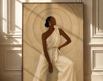 May include: A framed wall art print featuring a painting of a person with dark skin wearing a white one-shoulder jumpsuit with a tied waist belt. The figure has dark hair in a bun and gold earrings, set against a beige background with concentric circles.