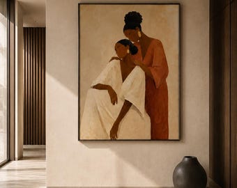 May include: A large rectangular wall art piece featuring a painting of two figures. One figure wears a white robe and sits, while the other stands behind in a rust-colored garment, placing a hand on the seated figure's shoulder. The background is beige.
