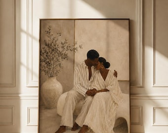 May include: A framed wall art print depicting a couple sitting together in light-colored clothing. The person on the left wears a striped button-down shirt and trousers, while the person on the right wears a textured white dress. A large vase with branches sits nearby.