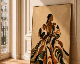 Black Woman Fashion Art Print, Elegant Feminine Wall Decor, Neutral Beige Artwork